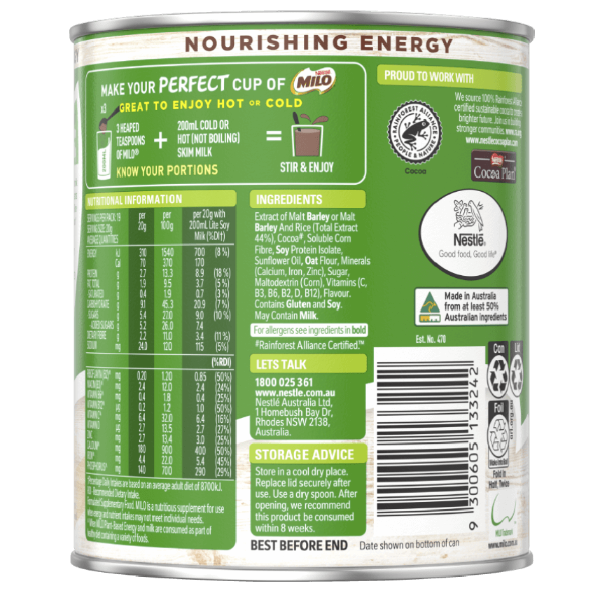 MILO Plant Based nutritional info